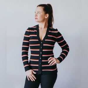Vintage Miss Sun Valley black/red/white striped cardigan, size S